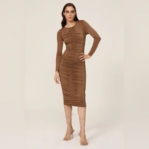 MINKPINK Willow Ruched Jersey Dress Brown Slinky Bodycon